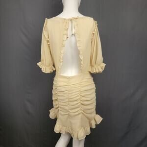 HYFVE Dress Cream Ruched Mini Dress Small Puff Sleeve Ruffle Hem Flirty Romantic